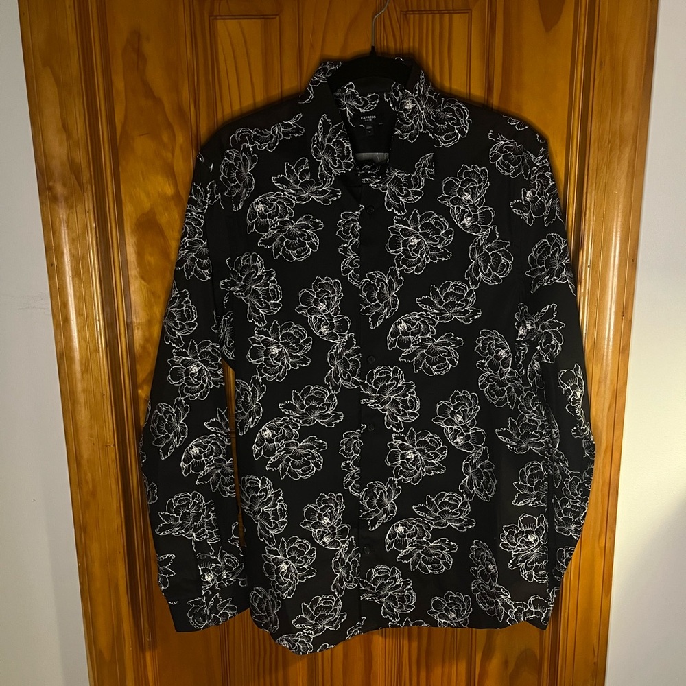 Express Black and White Floral Men's Dress Shirt